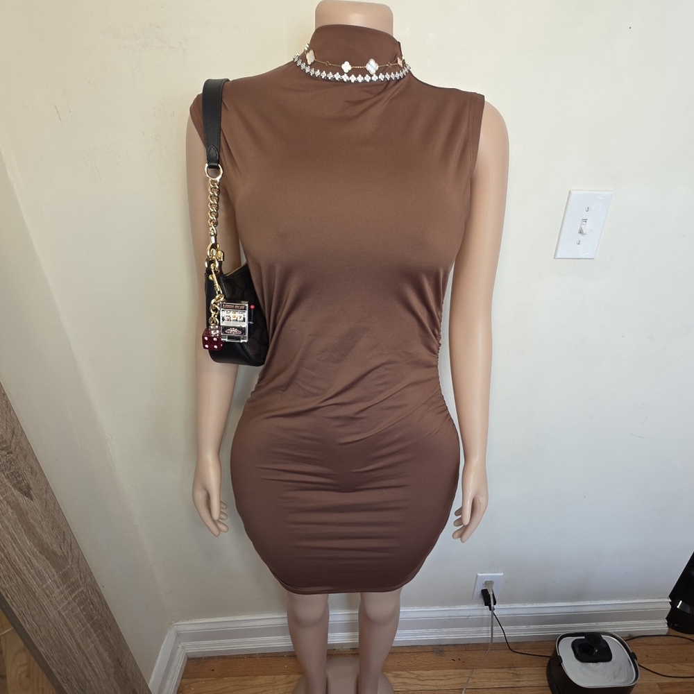 Shein Brown Ruched Sleeveless Midi Dress